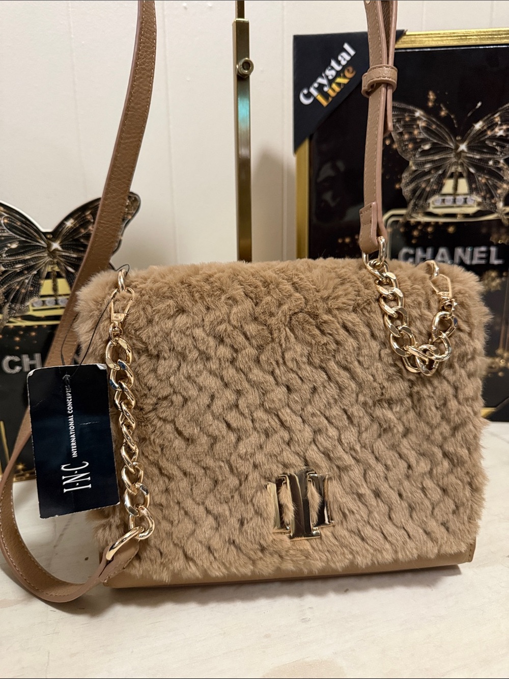 INC International Concepts Faux Fur Crossbody Bag in Camel Brown with Gold Chain